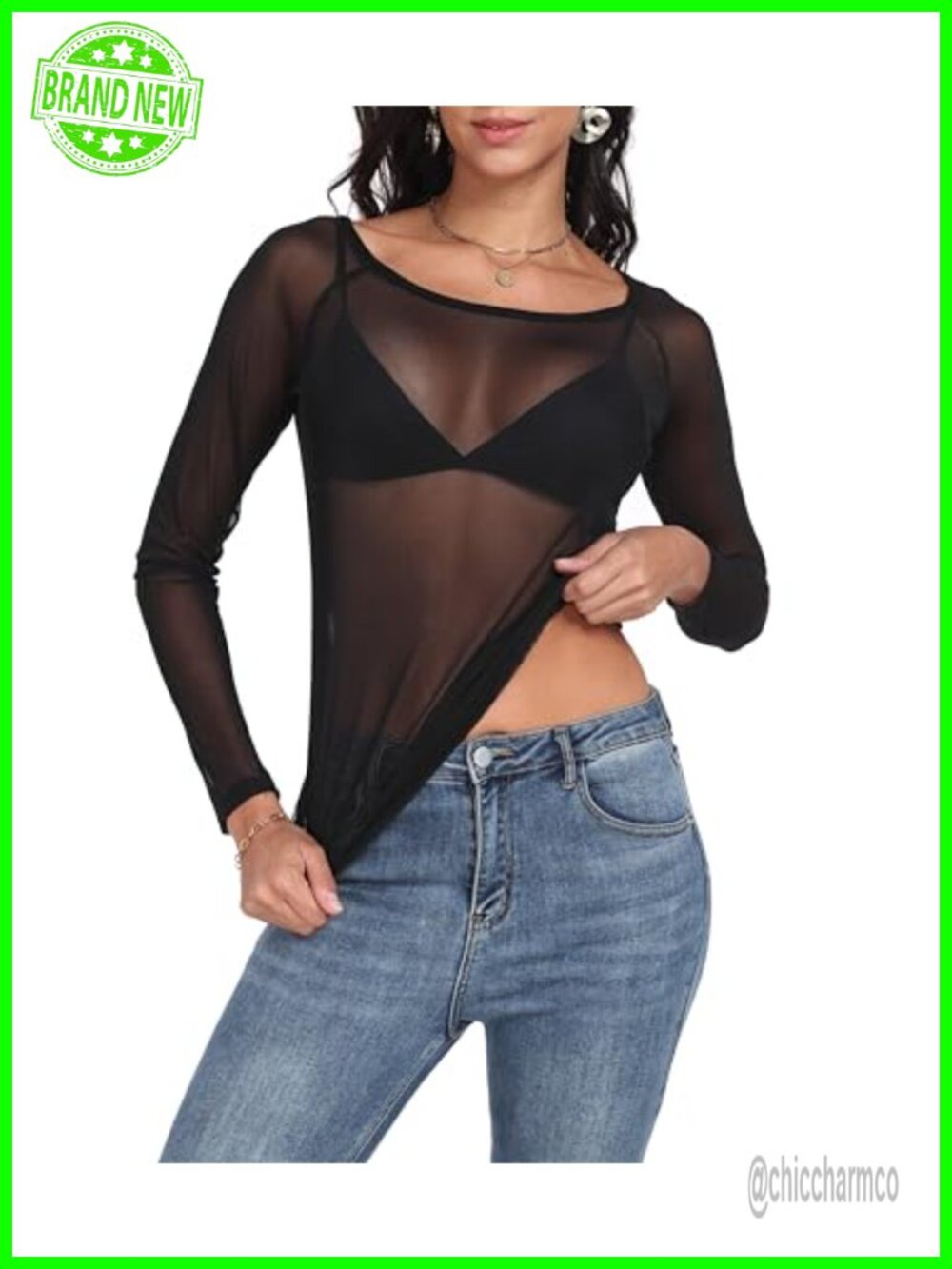Women's Mesh Long Sleeve Sheer Blouse Fitted Crewneck See Through Clubwear Top